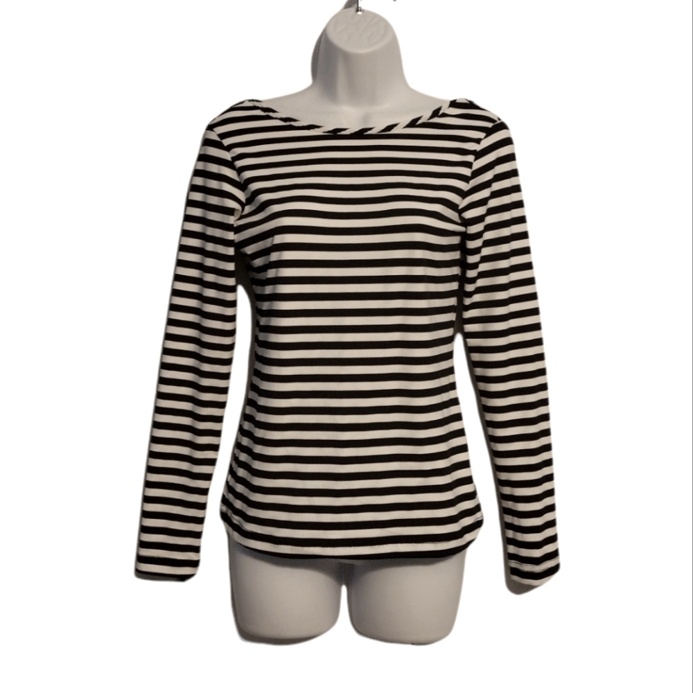 HARD TAIL Black and White Striped Low Back Long Sleeve Shirt